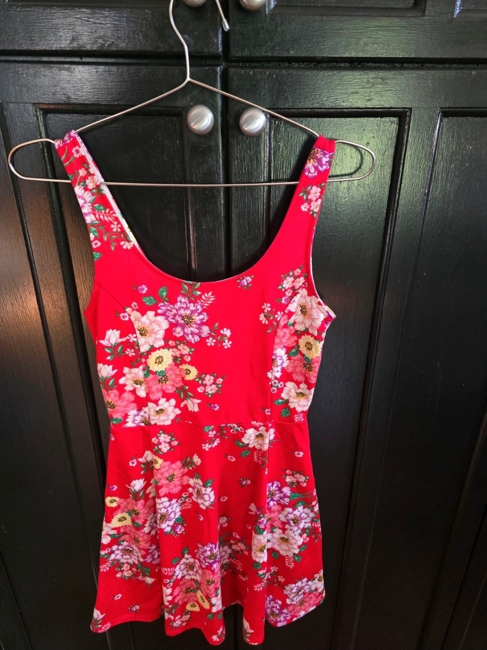 Floral Red Mini Dress with Scoop Neck
